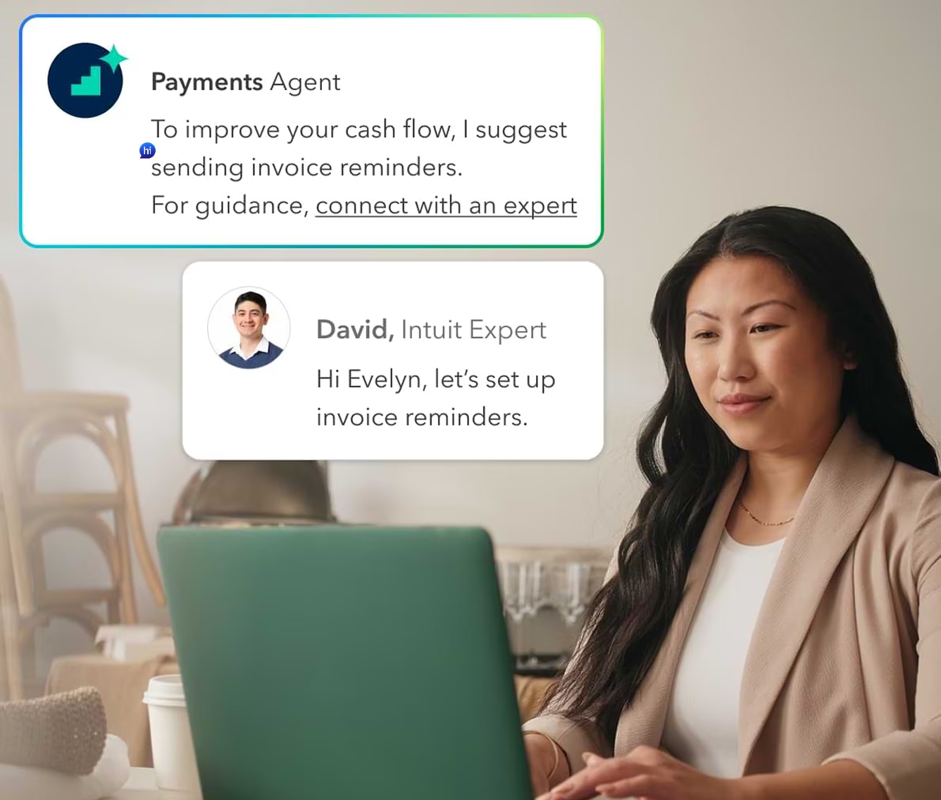 Woman at desk receives invoice reminder suggestions